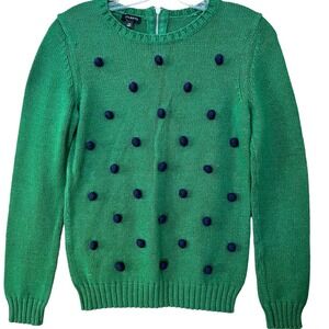 Talbots Sweater Womens XS Green Navy Blue Pom Poms Back Zip Bobble Cottage 80s